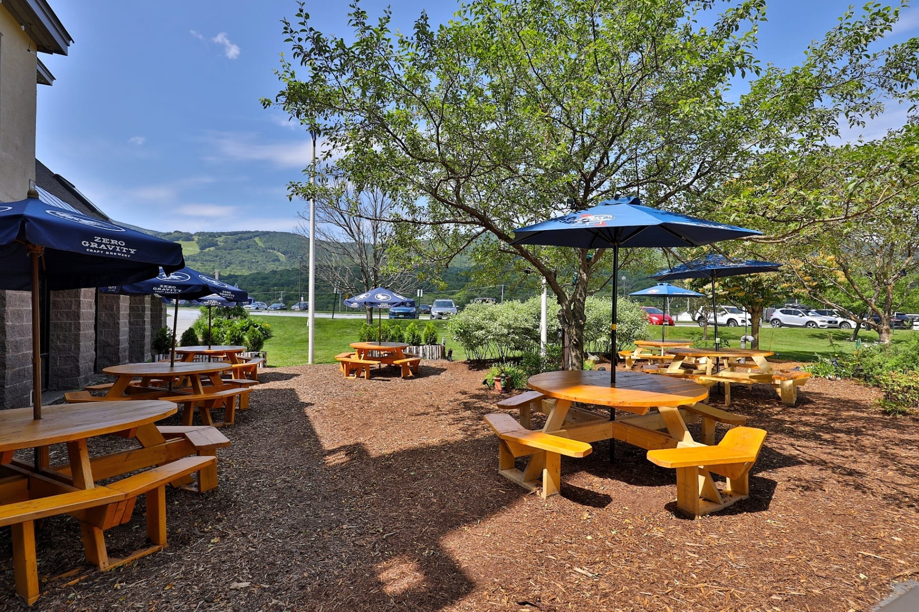Outdoor picnic tables with mountain views for summer meals at Mountain Green vacation rentals